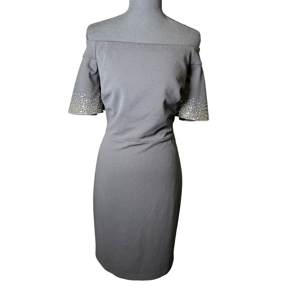 Calvin Klein Sheath Dress Women 10 Gray Excellent Rhinestone Off Shoulder
